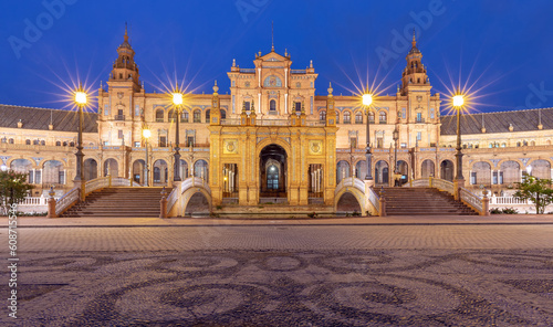 Plaza of Spain at sunset in night illumination. Seville. Andalusia.