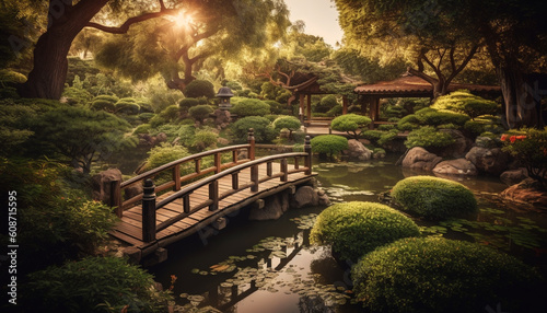 The tranquil scene at the formal garden reflects Japanese culture generated by AI