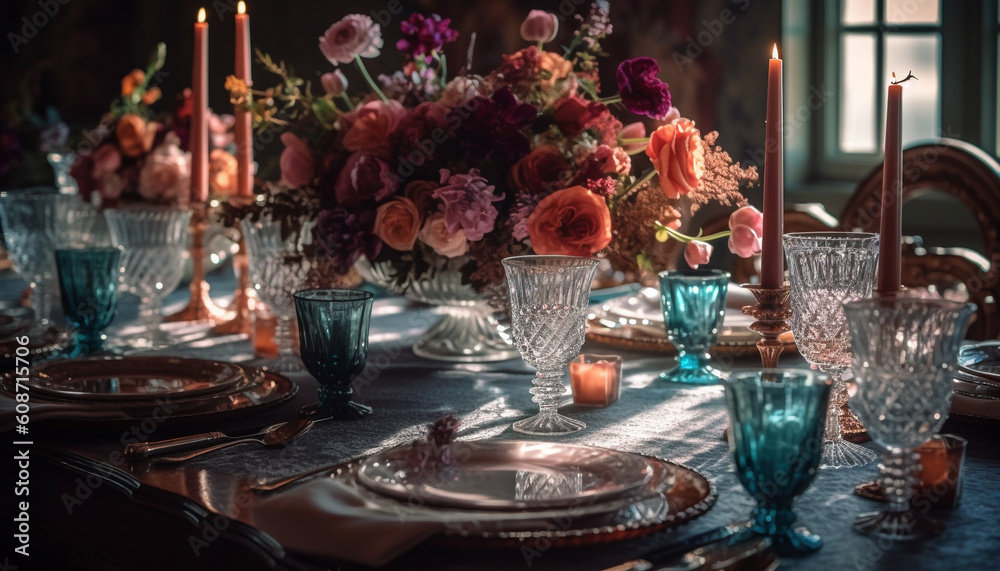 Elegant banquet table adorned with ornate silverware, candle and vase generated by AI
