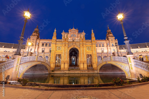 Plaza of Spain at sunset in night illumination. Seville. Andalusia.