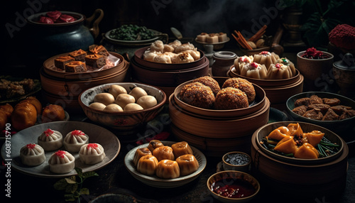 Steamed pork dumplings, a traditional Chinese appetizer, served on wood generated by AI