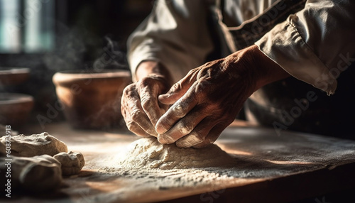 One person, a craftsperson, kneading dough for homemade bread generated by AI