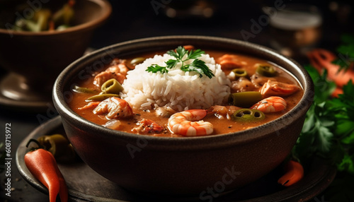 A gourmet vegetarian stew with edible mushrooms, rice, and spices generated by AI