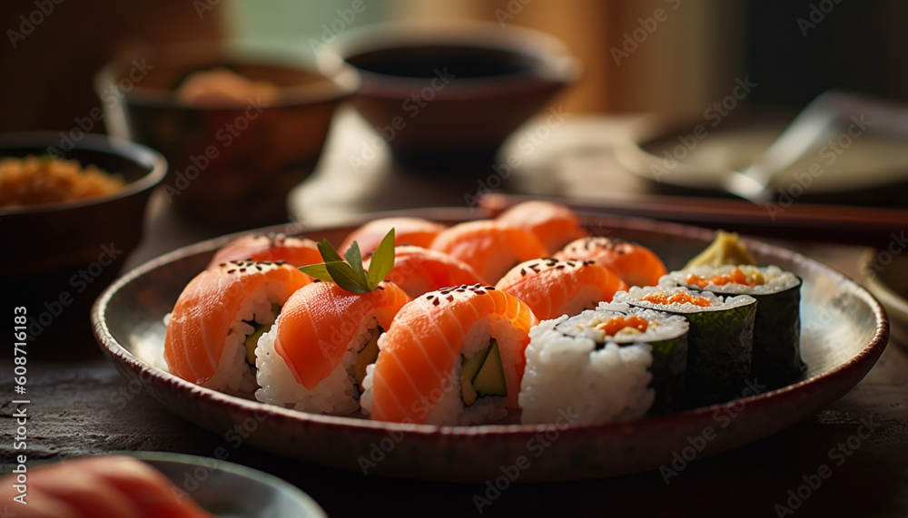 Healthy eating with maki sushi, avocado, and seaweed refreshment generated by AI Healthy eating with maki sushi, avocado, and seaweed refreshment generated by AI