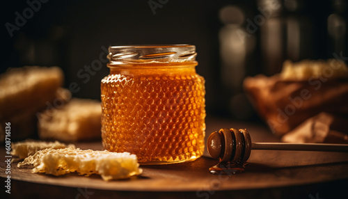 Organic honey poured from jar onto rustic bread slice, delicious refreshment generated by AI