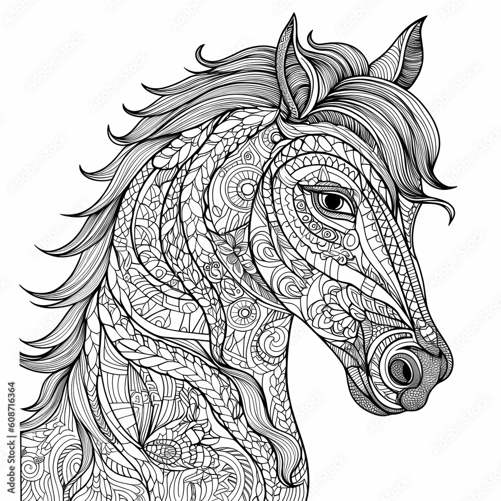 profile-of-a-horse-s-face-decorated-with-patterns-and-doodles-stock