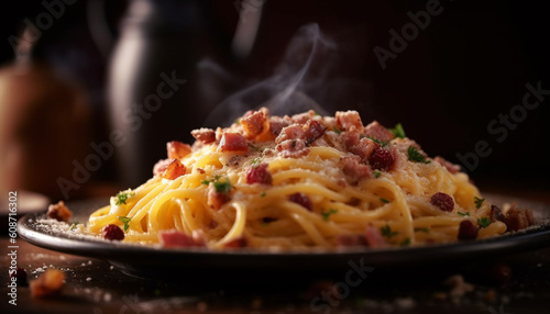 Freshly cooked fettuccine with meat sauce and parmesan cheese generated by AI