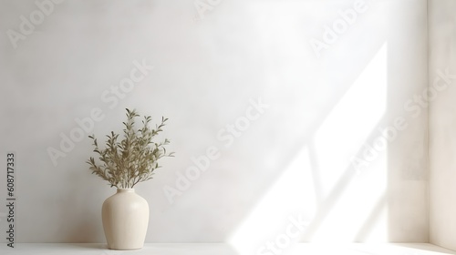 Minimalistic abstract gentle light background with indoor plant. Generative AI.