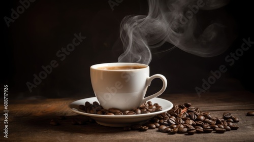 Cup of coffee with smoke and coffee beans on old wooden background. Generative AI © piai