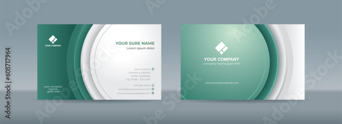 Set of double-sided business card templates with an illustration of a big green circle in the side on a green and white background