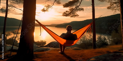 man relaxing on an orange hammock between two pine trees Generative ai