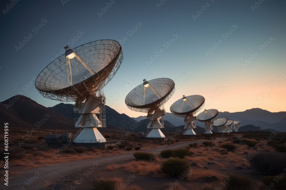 Radio telescope array on a remote mountaintop, Generative AI Radio telescope array on a remote mountaintop, Generative AI