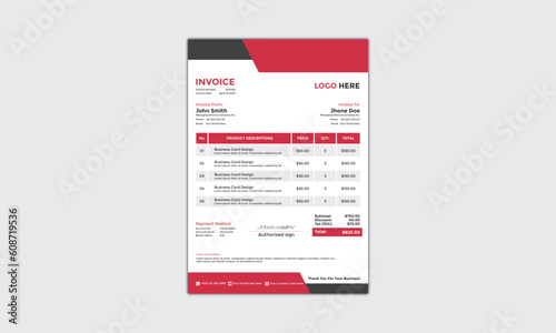 Modern Corporate and Creative Invoice Design Template Vertical Name Invoice Simple and Clean Red and Black Business Invoice Vector Illustration Colorful Gradient Invoice Design New Tend New Design