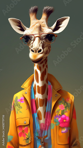 A giraffe wearing a yellow jacket and sunglasses. Generative AI. © Friedbert