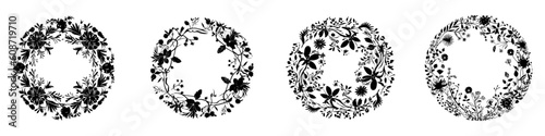 Round frame with black silhouettes of flowers and plants. Set of flower wreaths. Vector illustration