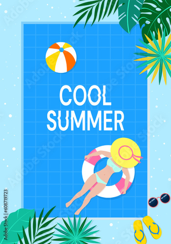 Summer background with tropical beach and swimming pool