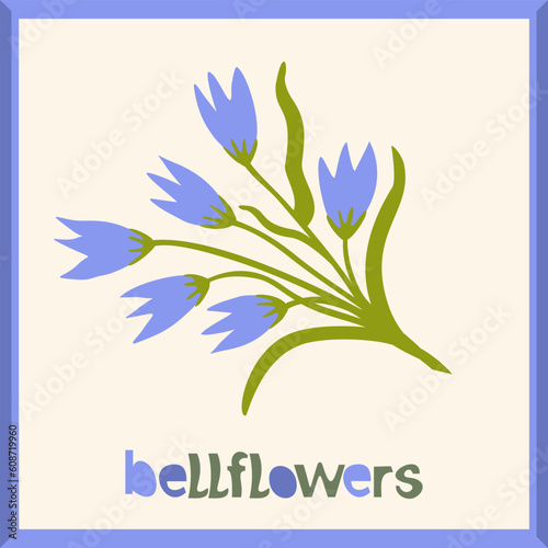 Bellflowers. Vector isolated illustration in frame with lettering.