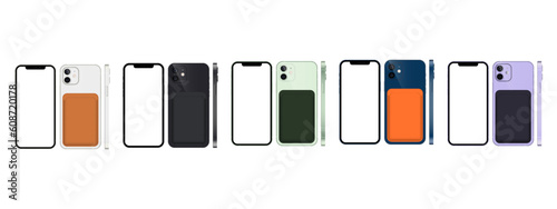 Vector mobile phones in different colors (white, gray, green, blue, purple) with leather wallet.