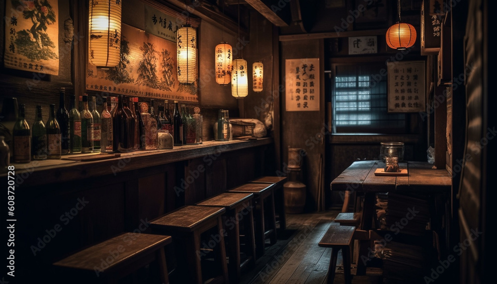 Rustic bar interior with modern lighting, glassware, and whiskey bottles generated by AI