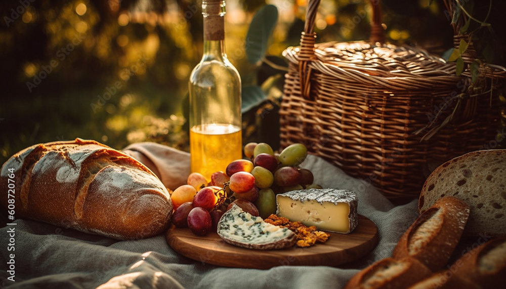A rustic French picnic with gourmet food, wine, and nature generated by AI