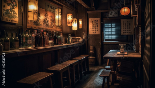 Rustic bar interior with modern lighting, glassware, and whiskey bottles generated by AI