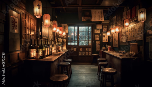 Rustic wine bar illuminates modern architecture with elegant lighting design generated by AI