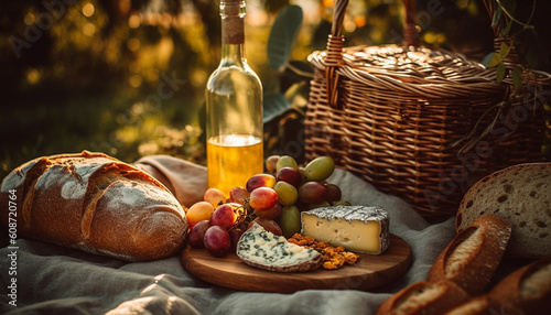 A rustic French picnic with gourmet food, wine, and nature generated by AI
