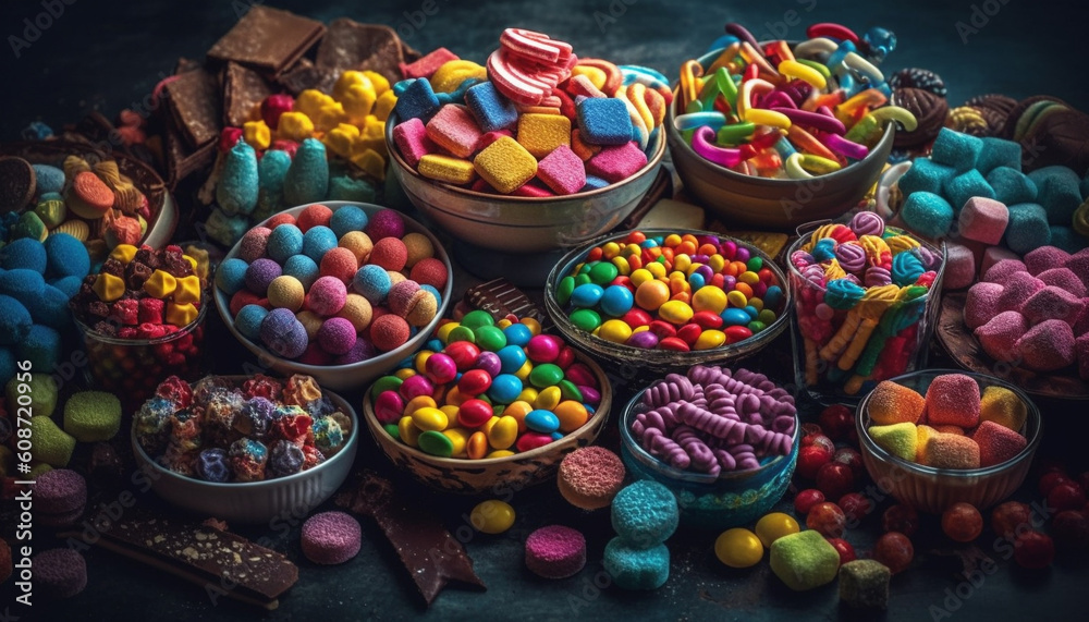 A large bowl of colorful candy, a sweet indulgence generated by AI