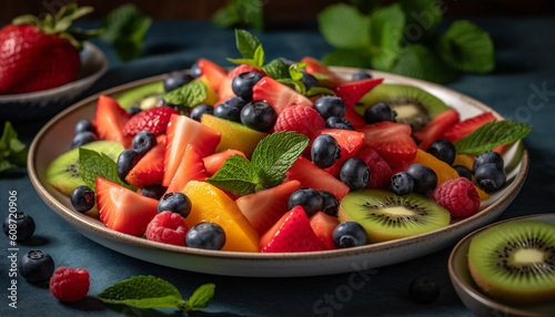A gourmet fruit salad with blueberries, strawberries, and raspberries generated by AI