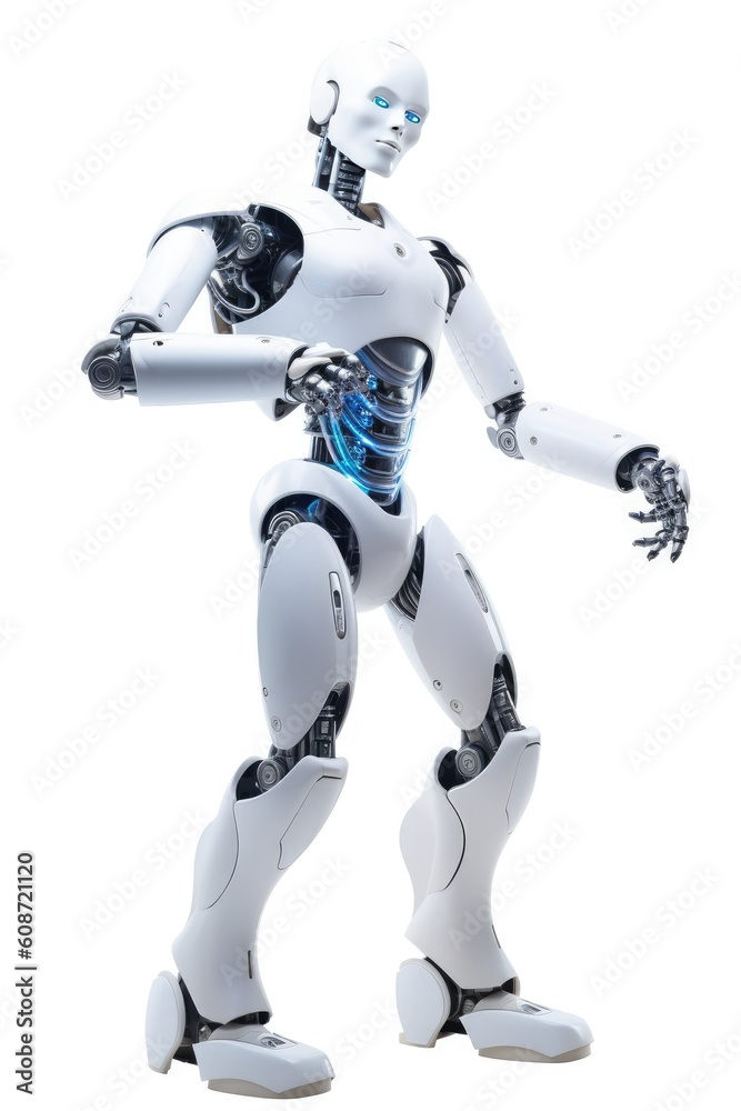 Humanoid robot stands against a stark white background Generative AI Humanoid robot stands against a stark white background Generative AI