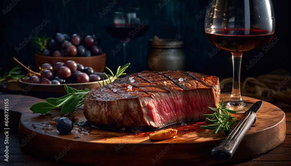 Luxury sirloin steak grilled to perfection, paired with red wine generated by AI