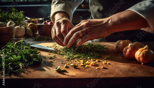 Healthy male chef prepares fresh vegetarian salad with organic ingredients generated by AI