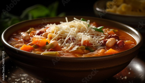 A healthy vegetarian stew with fresh vegetables and homemade pasta generated by AI