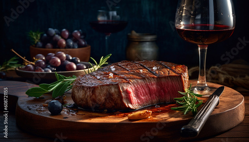 Luxury sirloin steak grilled to perfection, paired with red wine generated by AI