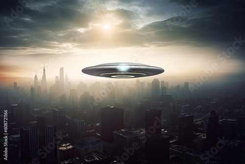 World UFO day. Cityscape with UFO hovering above the skyline. UFO presence in a technologically advanced society. Generative AI.