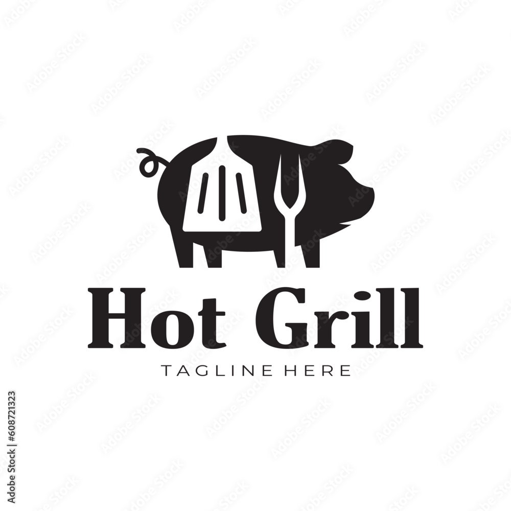 Barbecue Vintage hot grill, with crossed flames and spatula. Logo for restaurant, badge, cafe and bar.vector