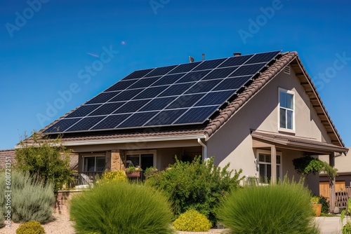 House with solar panels. Eco-friendly. Renewable energy. Generative AI.