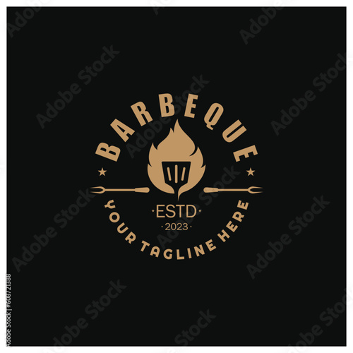 Barbecue Vintage hot grill, with crossed flames and spatula. Logo for restaurant, badge, cafe and bar.vector