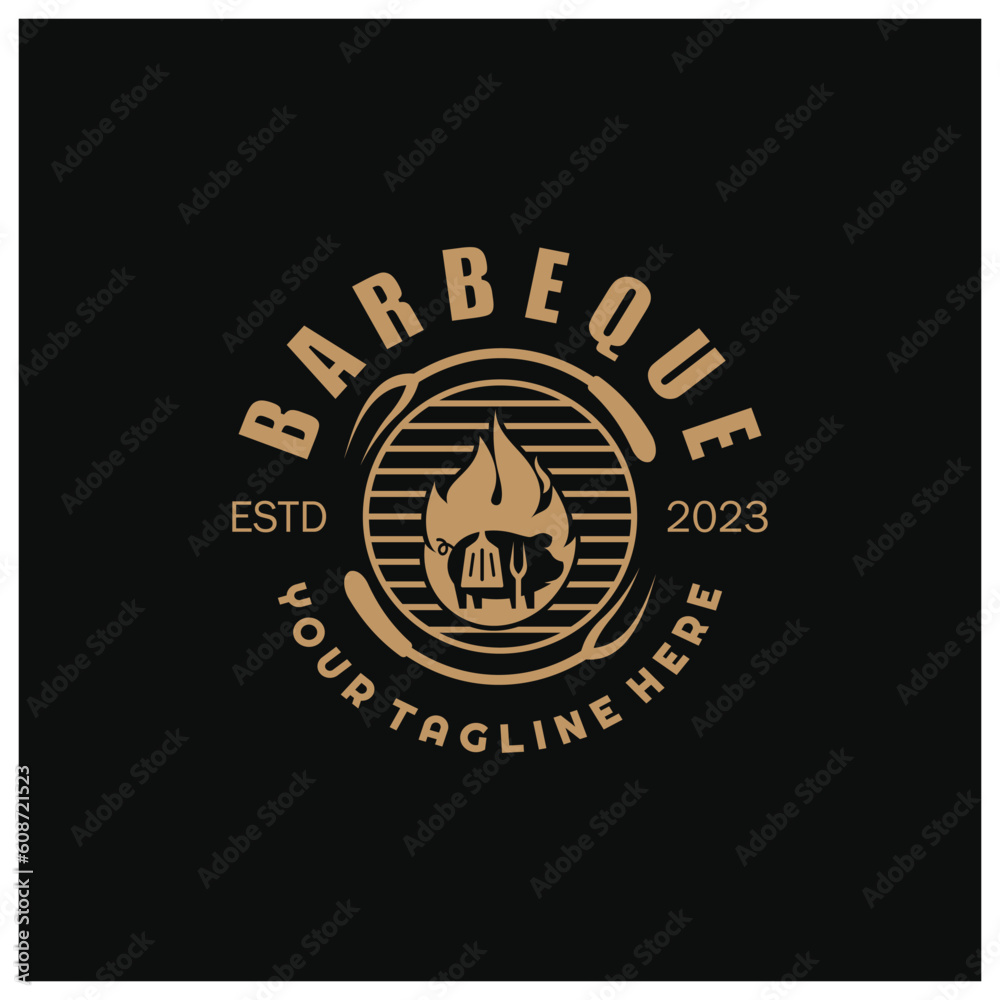 Fototapeta premium Barbecue Vintage hot grill, with crossed flames and spatula. Logo for restaurant, badge, cafe and bar.vector