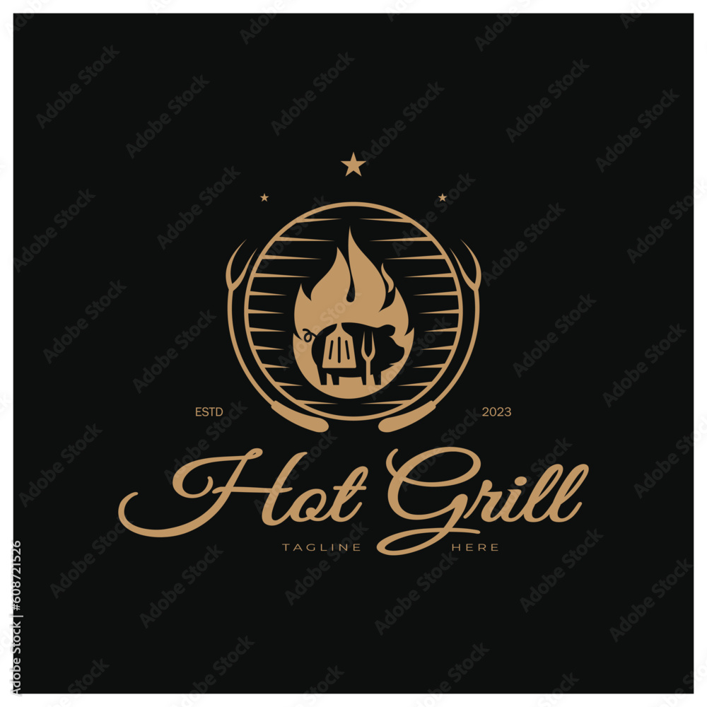 Fototapeta premium Barbecue Vintage hot grill, with crossed flames and spatula. Logo for restaurant, badge, cafe and bar.vector