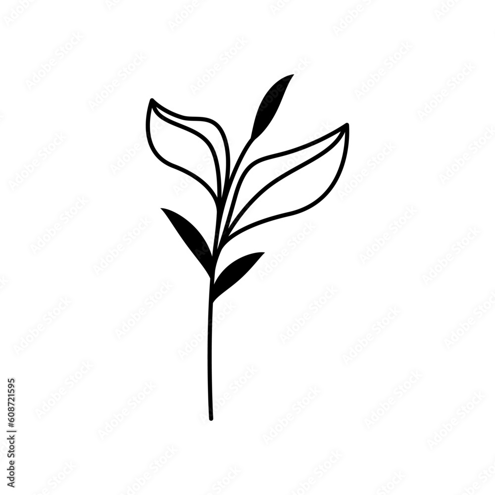 Twig with elegant leaves. Black silhouette. Clipart.