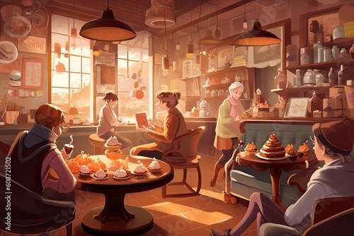 A cozy cafe with people enjoying desserts. Warm and inviting atmosphere  comfort and pleasure. Generative AI.
