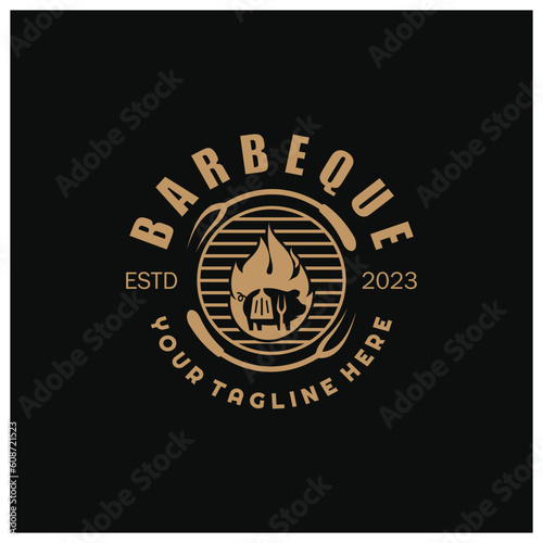 Barbecue Vintage hot grill, with crossed flames and spatula. Logo for restaurant, badge, cafe and bar.vector