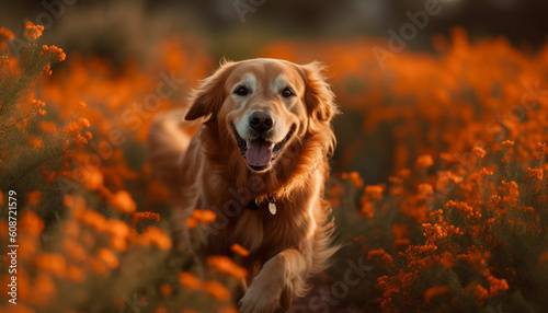 Cute puppy playing in the grass, purebred golden retriever happiness generated by AI