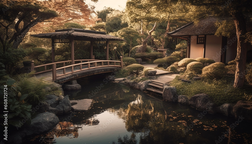 The tranquil scene of the pond reflects the beauty in nature generated by AI