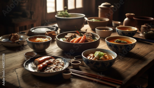 Steamed pork with vegetables and savory sauce, a healthy meal generated by AI