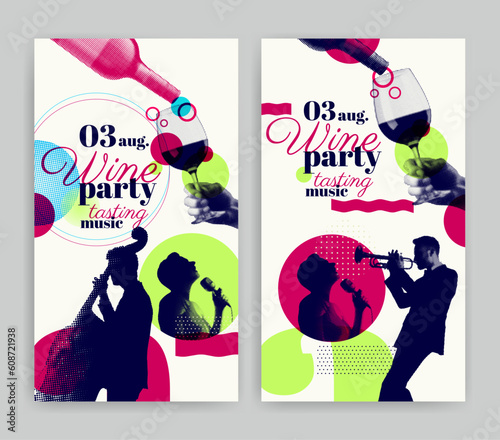 idea for festive summer event with drinks and music. Vector illustration with halftone effect. Banner template.