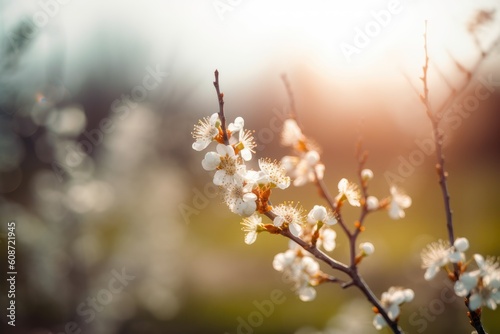 This photo captures the stunning beauty of spring with blooming cherry blossom trees. Generative AI