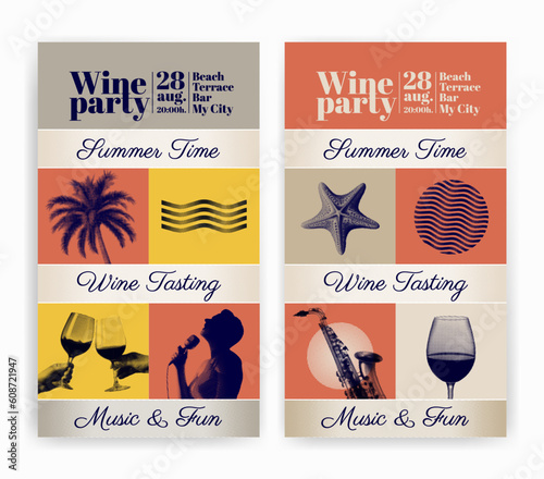 Idea for beach party banners with music and drink. Halftone effect, retro style. vector