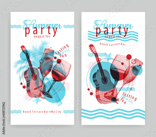 Summer event banner template with music and drinks. Retro style. Vector